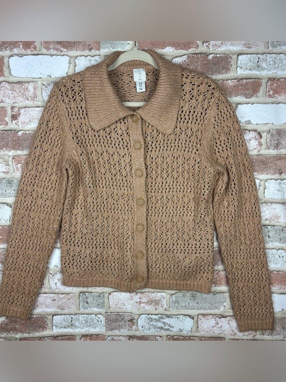 Joie Cardigan Sweater Brown Beige Print Design Collared Long Sleeve Buttons Sz M